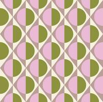 Simple geometric seamless pattern of rhombuses, triangles and circles in taupe, pink, cream and green colors. Vector illustration for fashion design, wallpaper, textile, fabric, wrapping paper.