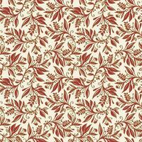 Floral seamless pattern with leaves and berries in wine red, green and cream colors, hand-drawn and digitized. Design for wallpaper, textile, fabric, wrapping, background. vector