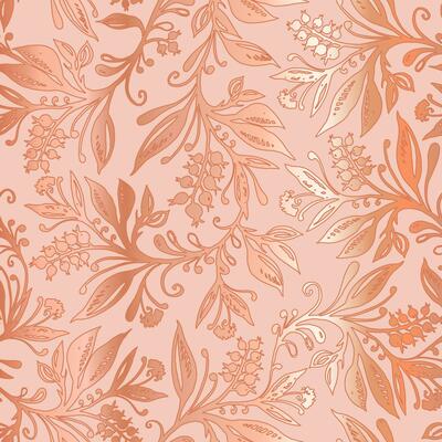 Floral seamless pattern with abstract leaves and berries in coral colors with metallic gradient. Design for wallpapers, wrappings, textiles, fabrics.