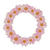 Floral wreath of white-pink-yellow daisies on white background. Vector illustration element with copy space, can be used for greeting cards, invitations, wedding, birthday, easter, packaging design.