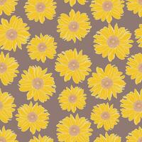 Vector seamless pattern of yellow sunflowers with white outline on taupe background. Decorative print for wallpaper, wrapping, textile, fashion fabric or other printable covers.