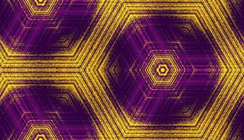 Seamless abstract hexagonal textured pattern in violet and yellow colors. Symmetric geometric ornament for digital paper, textile printing, wallpaper background design vector