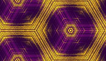 Seamless abstract hexagonal textured pattern in violet and yellow colors. Symmetric geometric ornament for digital paper, textile printing, wallpaper background design vector