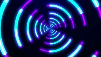 Abstract digital background with glowing neon lights, retro. Rotation of bright glowing circles or rings. Ultraviolet lamps. 4k video. Screensaver animation video