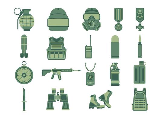 Military concept for soldiers, army, and war needs. Military equipment collection, army weapons, assault rifle, etc. Vector illustration.