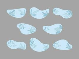 Blue Blob Floral Minimalist Style. Free Form Abstract Shapes with Leaves Collection Vector Illustration on Grey Background.