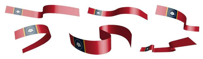 Set of holiday ribbons. Flag of american state of Mississippi waving in wind. Separation into lower and upper layers. Design element. Vector on white background