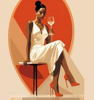 un mujer bebidas un vaso de vino. plano estilo. vino hora ai generativo foto