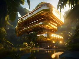 3d render of a futuristic building with a tree photo