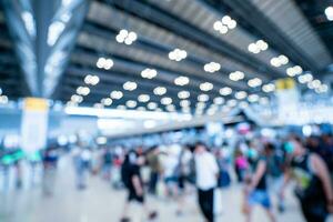 Blurred images of trade fairs in the big hall. image of people walking on a trade fair exhibition or expo where business people show innovation activity and present products in a big hall. photo