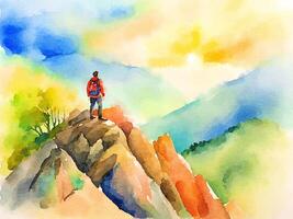 watercolor painting of man in mountain valley. photo