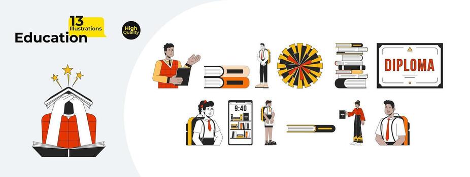 libros estudiantes diverso línea dibujos animados plano ilustración manojo. en línea biblioteca, maestros, diploma, pompón 2d arte lineal objetos, caracteres aislado en blanco antecedentes. vector color imagen colección