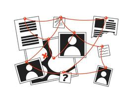 Clues investigation wall with red threads black and white 2D cartoon object. Killer murder scheme isolated vector outline item. Detective suspect. Red strings monochromatic flat spot illustration