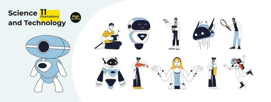 Robots and researchers lab coats line cartoon flat illustration bundle. Lab scientists, engineer, cosmonaut diverse 2D lineart characters isolated on white background. Vector color image collection