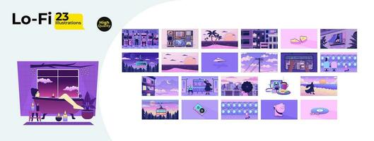 Sad nostalgia night time lofi wallpapers bundle. Nostalgic vintage. Dreamy vibes 2D scenes cartoon flat illustrations collection. Retro style chill vector art, lo fi aesthetic colorful backgrounds