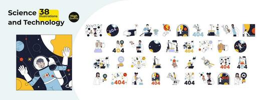Science and technology 2D linear illustration concepts bundle. White coat researchers diverse cartoon characters isolated on white. Robotics 404 error, abstract flat vector outline graphic collection