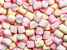 background with marshmallows, sweet candies. top view photo