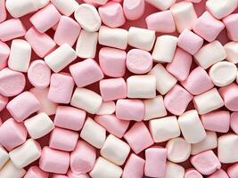 background with marshmallows, sweet candies. top view photo