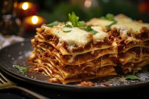 tradicional italiano comida lasaña con carne salsa. ai generado foto
