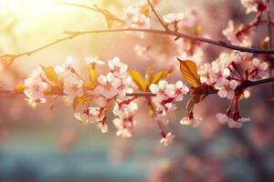 Spring blossom background. Nature scene with blooming tree and sun flare. Generative AI photo