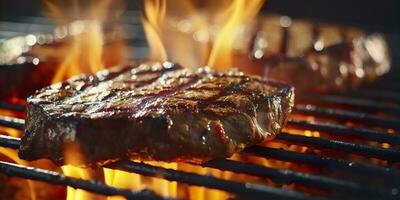 Beef ribeye steak grilling on a flaming grill. Generative AI photo