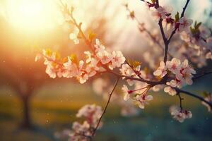 Spring blossom background. Nature scene with blooming tree and sun flare. Generative AI photo