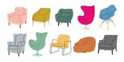 Set of different comfortable armchairs in scandinavian style.Hand drawn vector illustration isolated on white background. Soft modern furniture for cozy home interior.Trendy flat cartoon style.