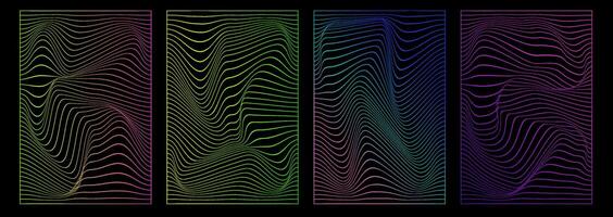 Set of distorted vertical neon grid pattern. Trendy retro 1980s, 2000s style. Abstract posters. Cyberpunk elements in trendy psychedelic rave style. vector