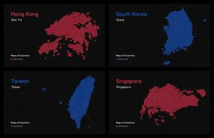 Creative set of Four Asian Tigers, South Korea, Hong Kong, Singapore, Taiwan. Capital. Tiger Cub Economies. World Countries vector maps. Spiral fingerprint series