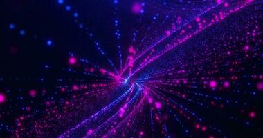 Abstract background of particles twisted into a spiral. Movement of bright neon digital particles. Glowing dots. Video in high quality 4k