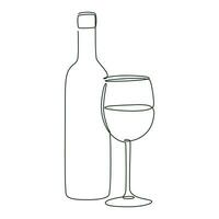 Wine bottle and glass goblet, vector isolated line art illustration with endless line.