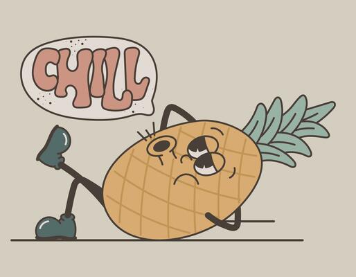 Funny groovy retro character fruit. Cool resting chill lying pineapple. Vector isolated illustration, old cartoon style.