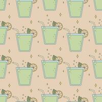 Glass with lemonade or cocktail, drinking straw. Vector seamless groovy pattern, retro old cartoon style.