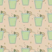 Glass with lemonade or cocktail, drinking straw. Vector seamless groovy pattern, retro old cartoon style.