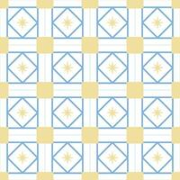 Traditional ancient greek or mediterranean ornament with square tiles, blue and yellow elements. Vector abstract seamless pattern.