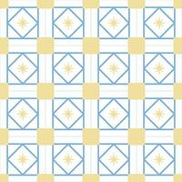 Traditional ancient greek or mediterranean ornament with square tiles, blue and yellow elements. Vector abstract seamless pattern.