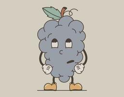 Funny retro groovy fruit character. Vector isolated bunch of grapes rolling eyes, old cartoon style.