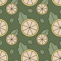 A slice of lemon or orange with a leaf. Vector seamless flat retro pattern.