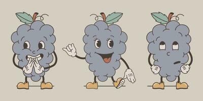 Funny groovy retro character bunch of grapes. Set of vector isolated cheerful fruit, old cartoon style. Emotions of excitement, rolled eyes.