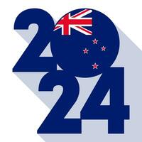 Happy New Year 2024, long shadow banner with New Zealand flag inside. Vector illustration.