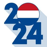 Happy New Year 2024, long shadow banner with Netherlands flag inside. Vector illustration.