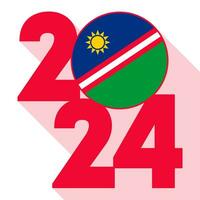 Happy New Year 2024, long shadow banner with Namibia flag inside. Vector illustration.