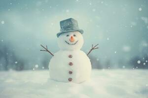 ai generado un linda invierno juguete monigote de nieve en sombrero con Zanahoria nariz. alegre Navidad y contento nuevo año saludo tarjeta. ai generativo foto