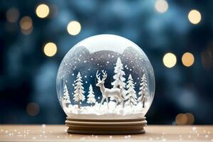 AI Generated Christmas Snow Globe. White Christmas Trees and Reindeer inside. Blurred Dark background, bokeh texture. AI Generative photo