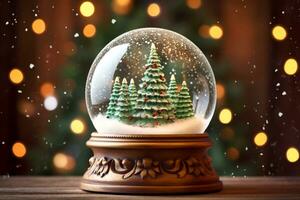 AI Generated Christmas Snow Globe with Decorated Christmas Trees and Snowflakes. Blurred background, Bokeh texture. AI Generative photo