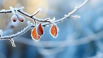 Branch with FrostCovered Dry Autumn Yellow Leaves on Blurred Winter Background. Late Fall. photo