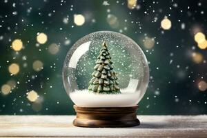 AI Generated Christmas Snow Globe with Decorated Christmas Tree and Snowflakes. Blurred Bokeh dark green background. AI Generative photo