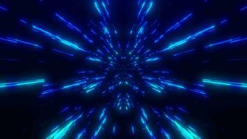 Abstract flight of digital neon particles in hyperwarp space in a tunnel. Flying lines at high speed. Futuristic or technological cyber background video