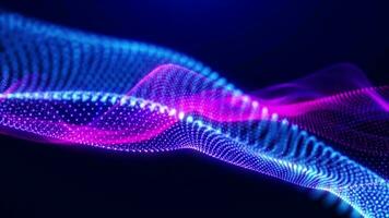 Abstract digital dynamic particle waves with light motion lights background, data flow, cyber technology. 3D rendering. Seamless looping 4k video. Screensaver video animation