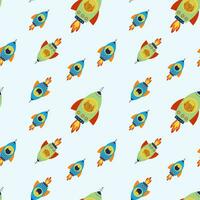 Seamless pattern with various astronaut cats in helmets, spacesuits, playing among the stars in space. Spaceships. Vector illustration